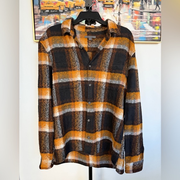 John Varvatos USA Shirt Shacket Wool Blend Mens Medium Yellow Brown Plaid Rare